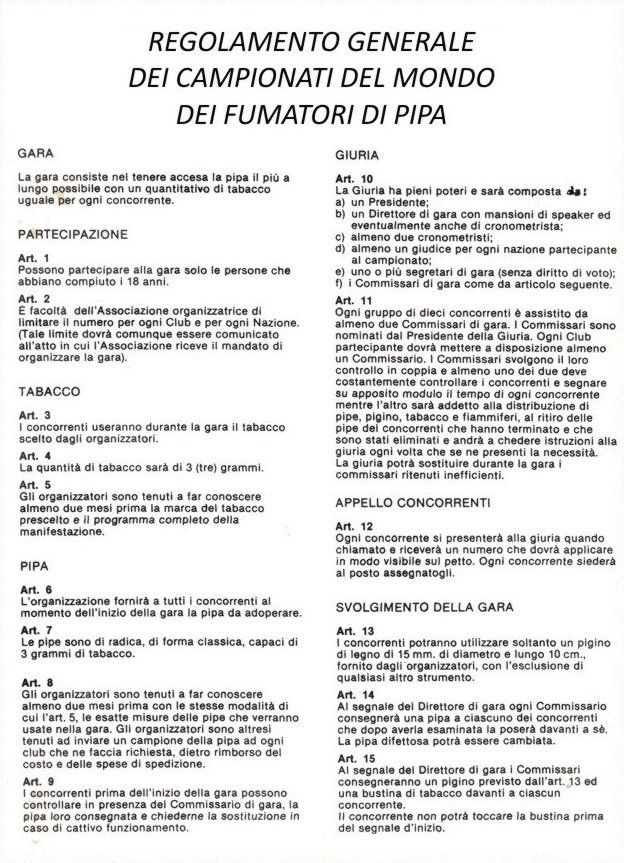 A white paper with a lot of text on it is titled regolamento generale dei campionati del mondo dei fumatori di pipa.