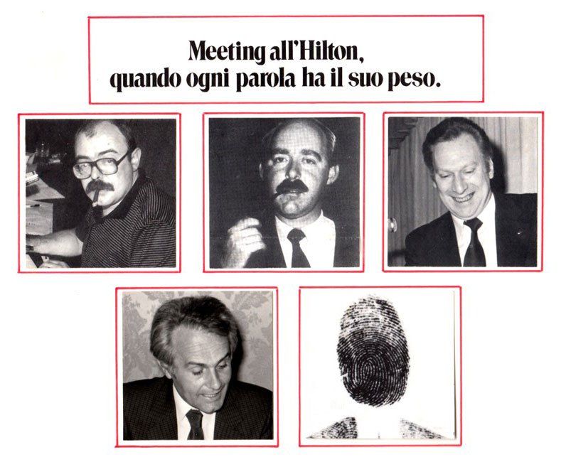 A black and white photo of men with the caption meeting all hilton quando ogni parola ha il suo peso