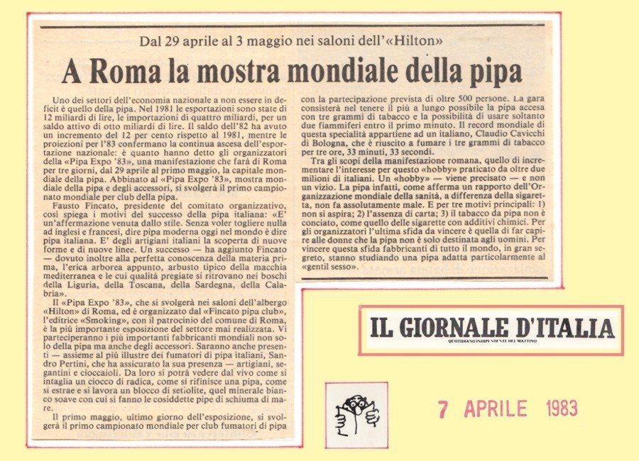 A newspaper article titled a roma la mostra mondiale della pipa
