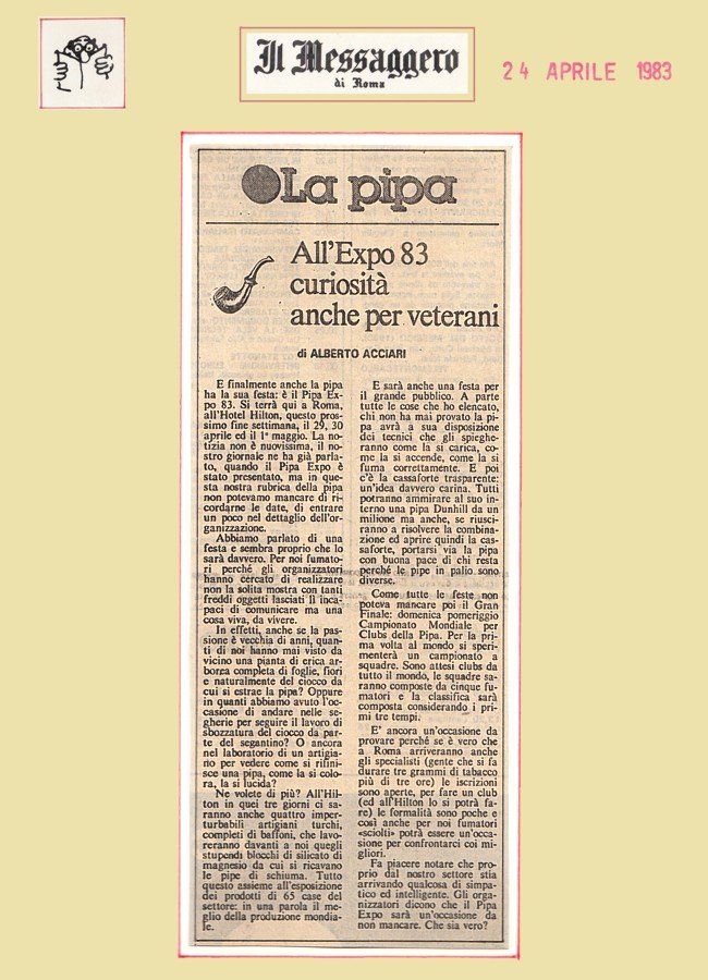 Un articolo di giornale intitolato la pipa all'expo 8.1 curiosità anche per i veterani