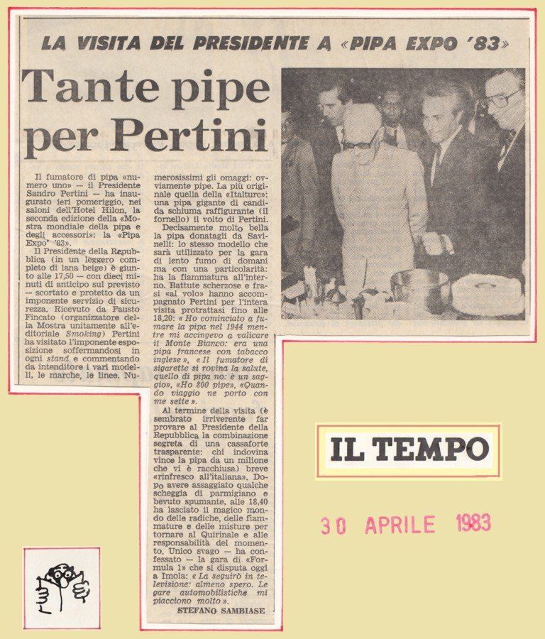 Un articolo di giornale del 1983 intitolato tante pipe per pertini