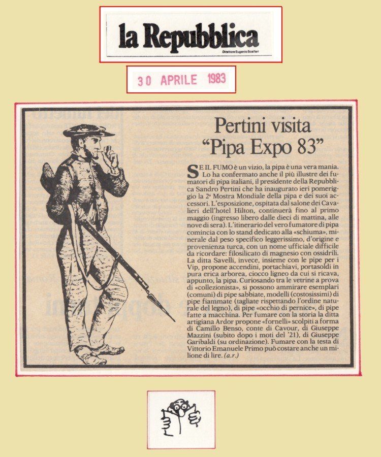 Un articolo di giornale sulla visita di Pertini alla Pipa Expo 83