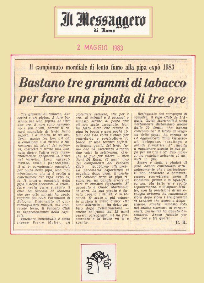 A newspaper article titled bastano tre grammi di tabacco per fare una pipata di tre ore