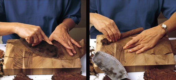 Due immagini di una persona che taglia un pezzo di legno