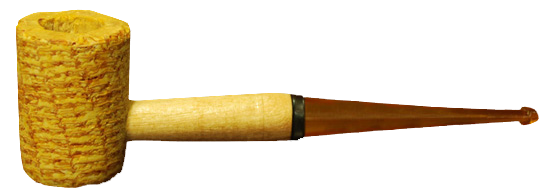 Una pipa di pannocchia di mais con un manico di legno su uno sfondo bianco
