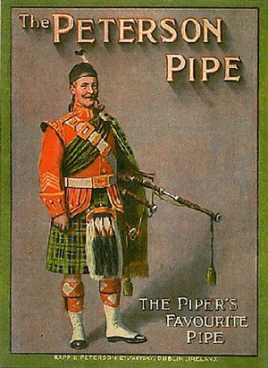 Un manifesto per la cornamusa Peterson mostra un uomo in kilt che tiene in mano una cornamusa
