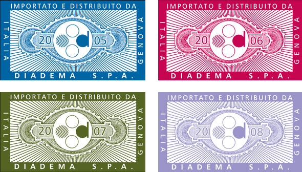 Quattro timbri di colore diverso con scritto importado e distribuito da diadema spa