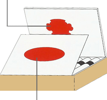 Un disegno di una scatola con un cerchio rosso sopra