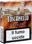 Una scatola di sigarette Toscanello Scelto con l'immagine di una città sopra.