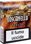 Un pacchetto di sigarette Toscanello Scoto con l'immagine di una città sulla scatola