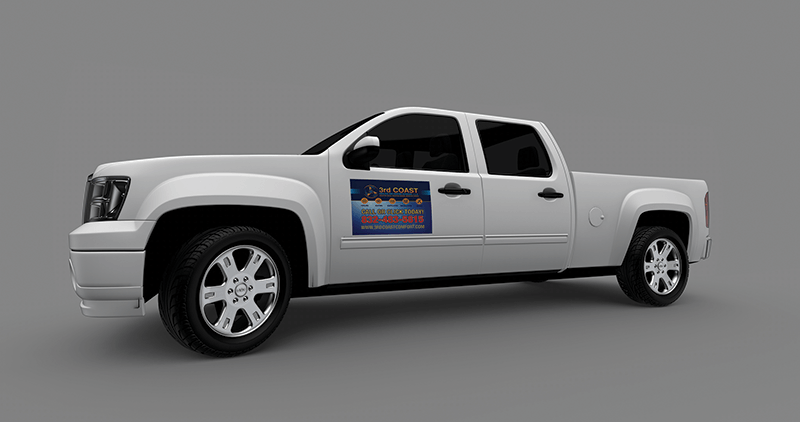 White pickup truck with sign on door, gray background.