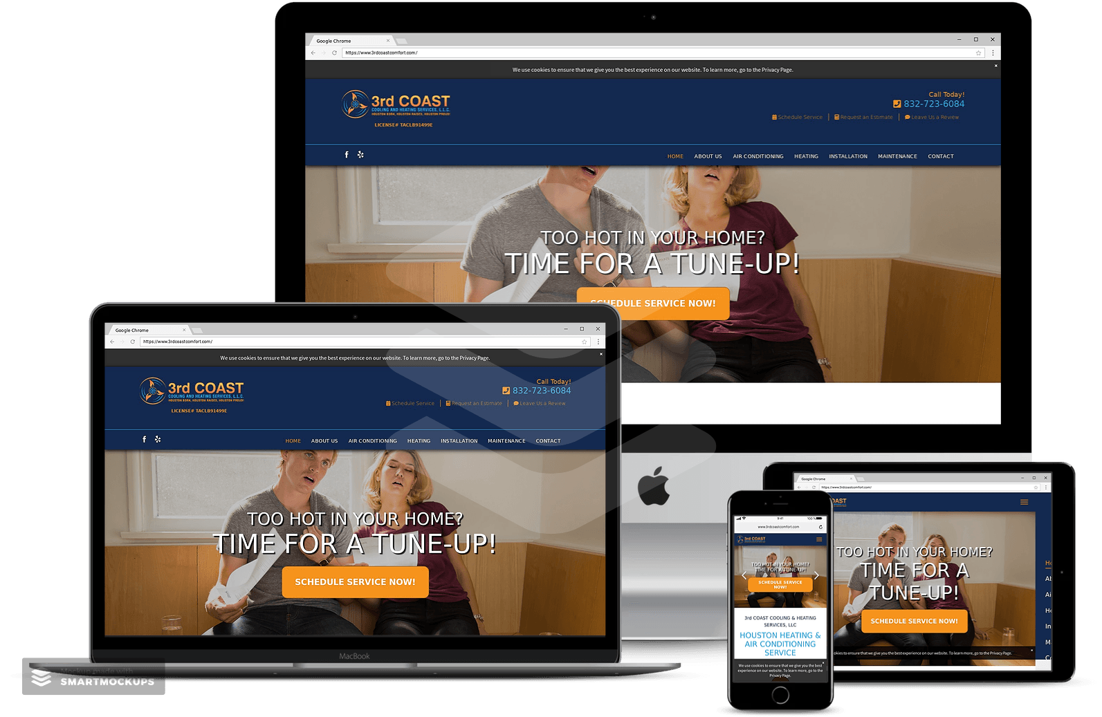 Website displayed on different devices: laptop, desktop, tablet, and phone, with logo and couple.