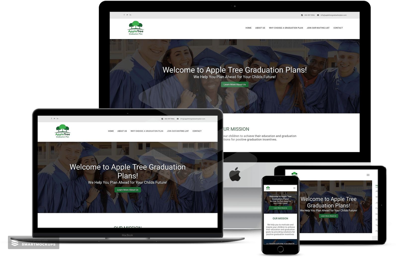 Apple Tree Graduation website displayed on computer, laptop, tablet, and phone.