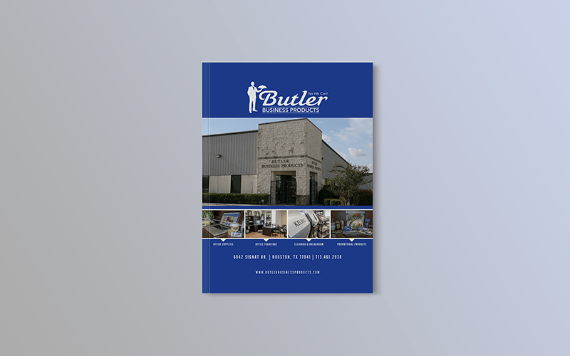 Brochure for Butler Funeral Homes, featuring building exterior and interior photos, set on a blue background.