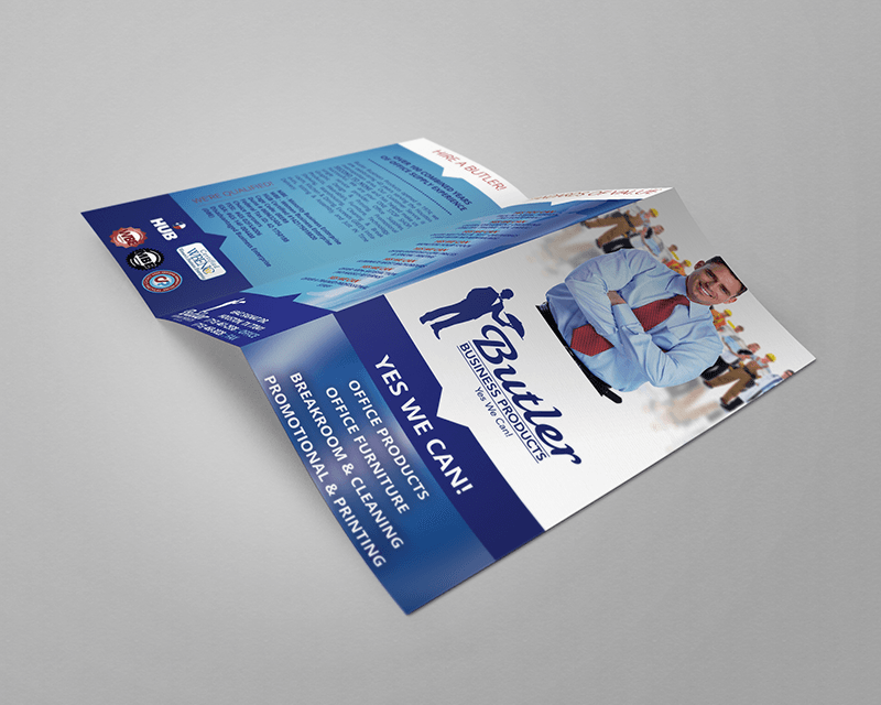 A brochure for Butler Business Products, featuring a smiling man, blue and white color scheme, and the words
