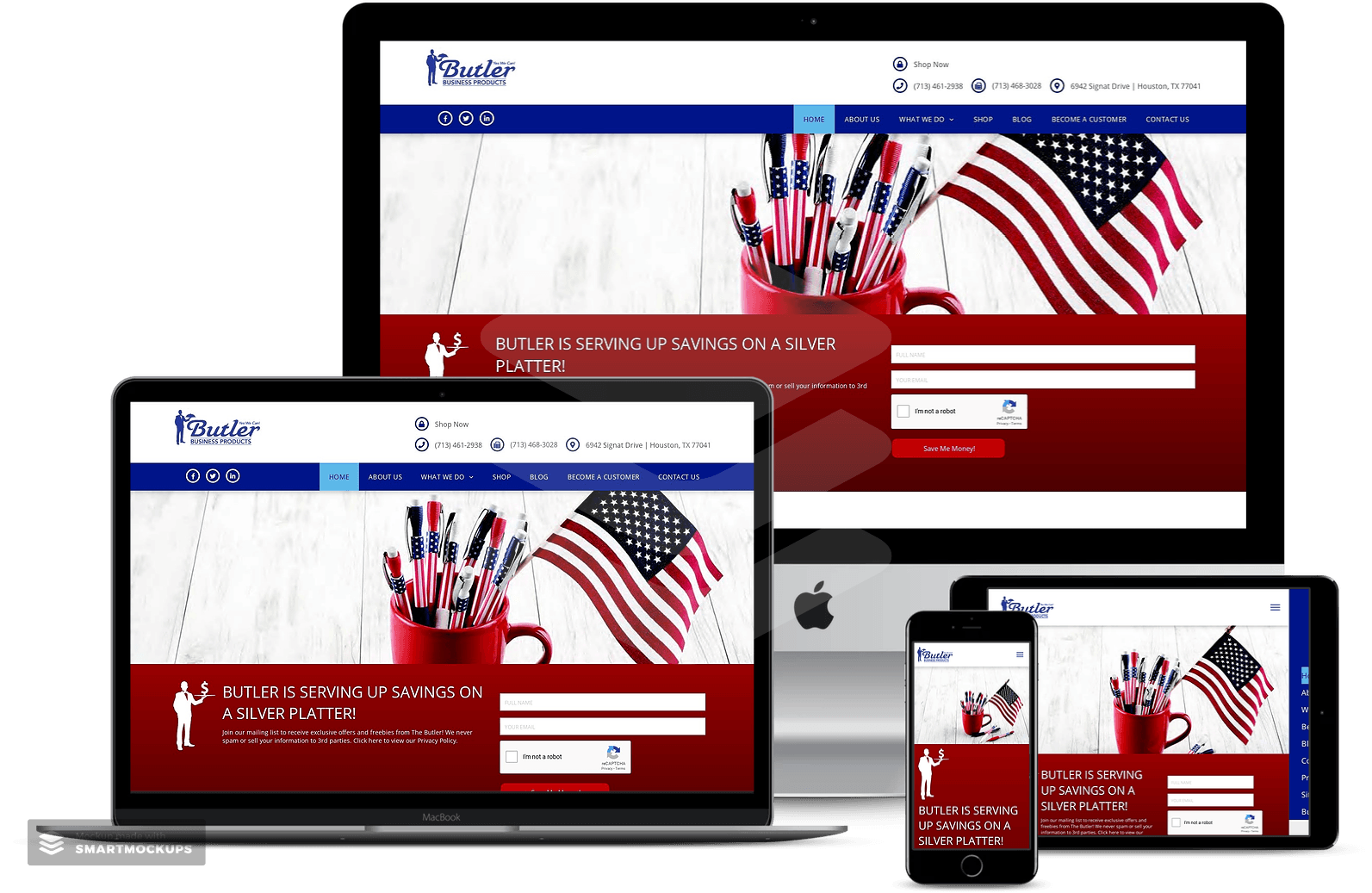 Website design on multiple devices: desktop, laptop, tablet, phone. American flag, pens, and red and blue color scheme.