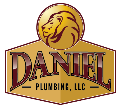 Logo for Daniel Plumbing, LLC: lion head in a gold circle above the company name in burgundy.