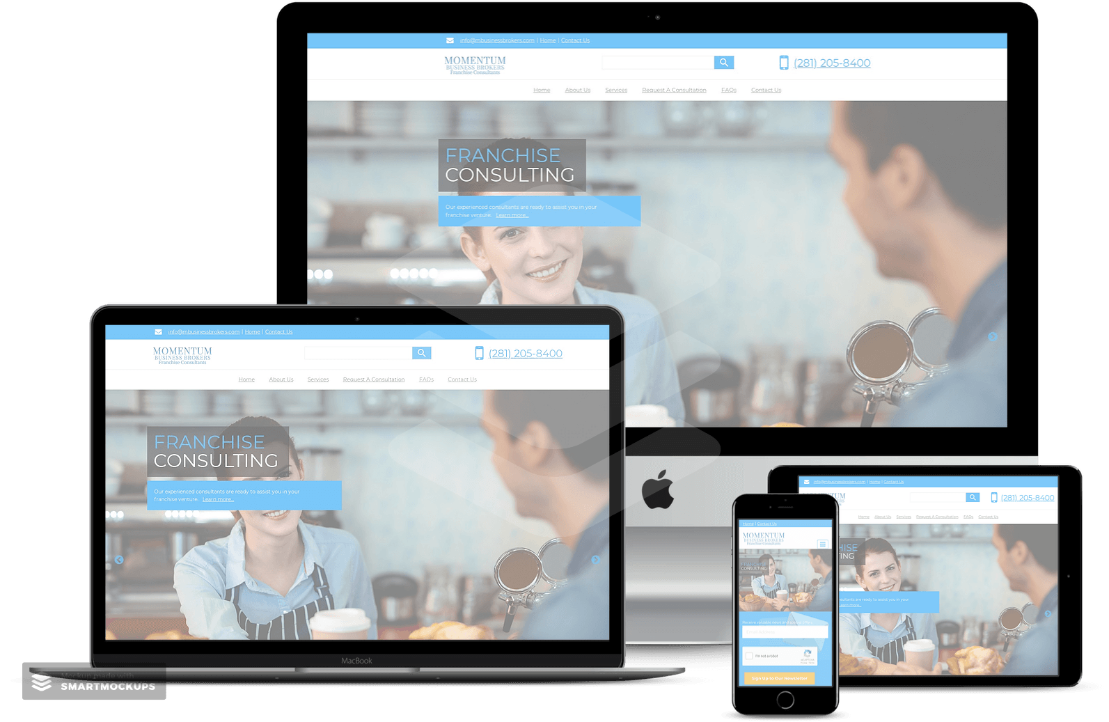 Website displayed on a desktop, laptop, tablet, and phone, with a light blue and white design.