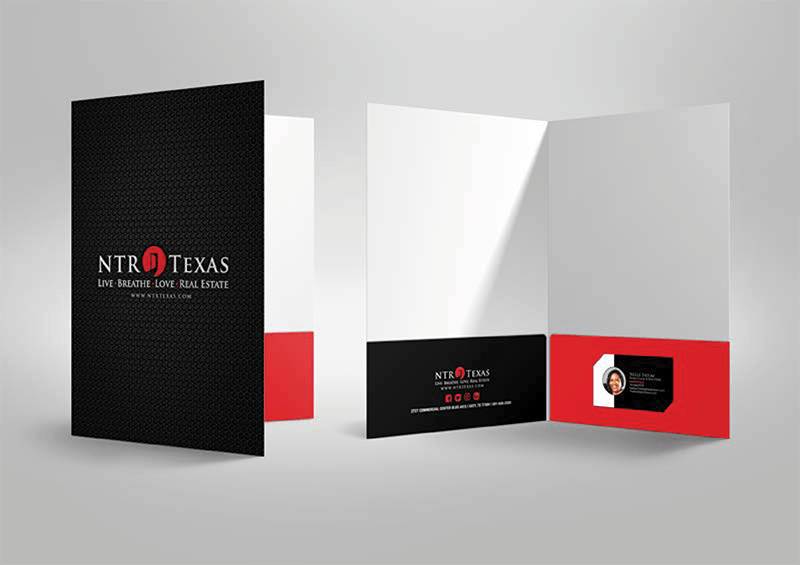 Black and red NTR Texas branded presentation folders, open and closed, on a gray surface.