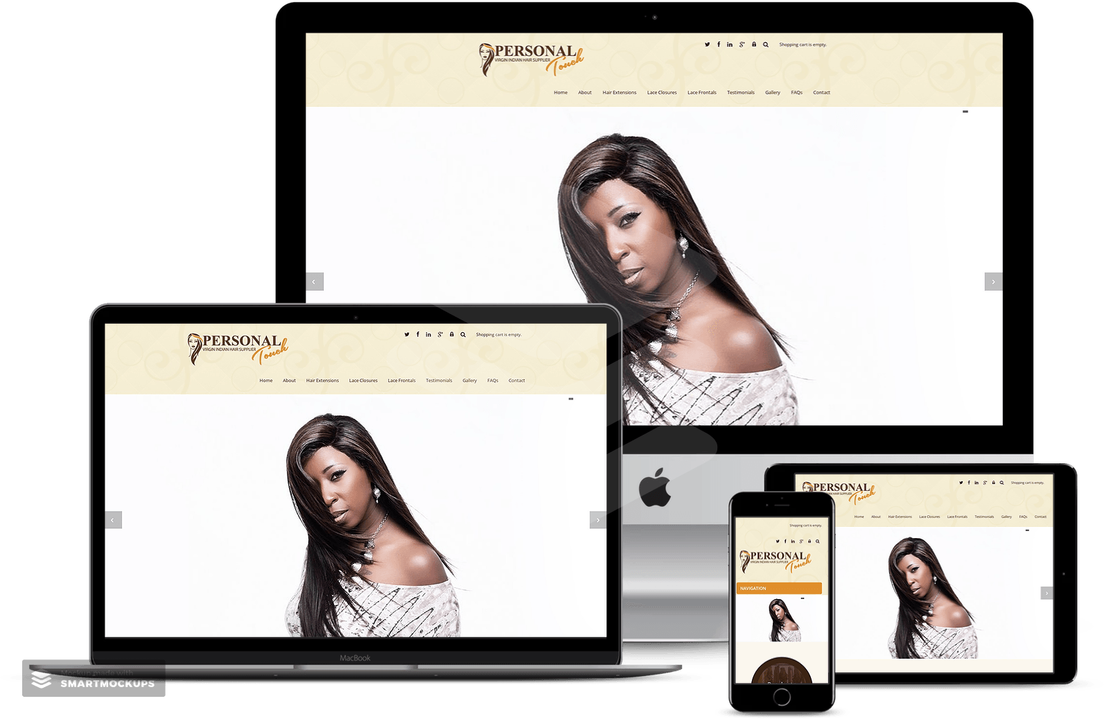 Website on multiple devices featuring woman with long hair.