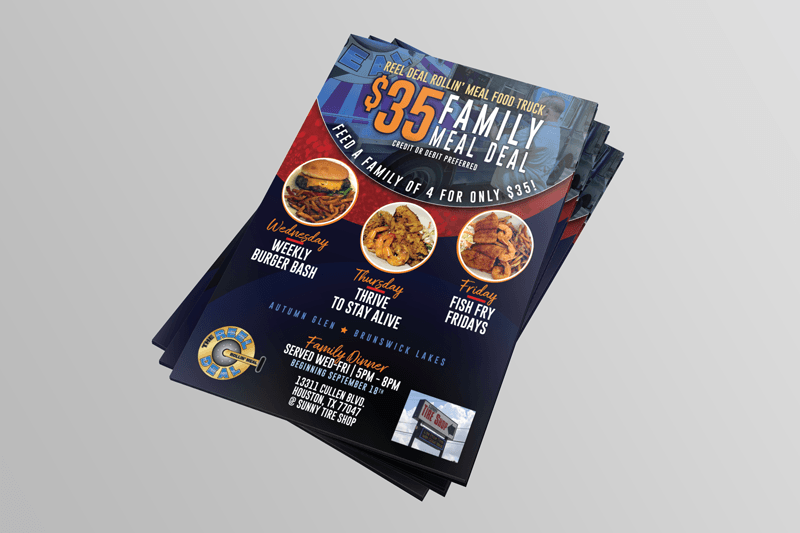 Flyers advertising a $35 family meal deal, with images of burgers, cheese fries, and fried chicken.