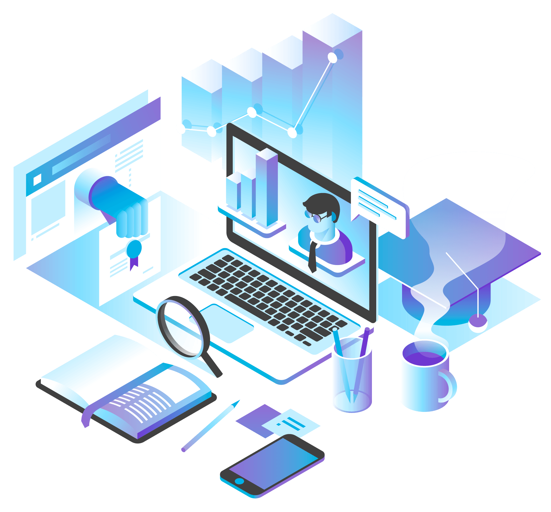 An isometric illustration of a laptop computer surrounded by various objects.