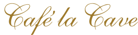 A gold logo for cafe la cave on a white background.