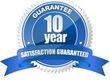 A 10 year satisfaction guaranteed seal with a blue ribbon