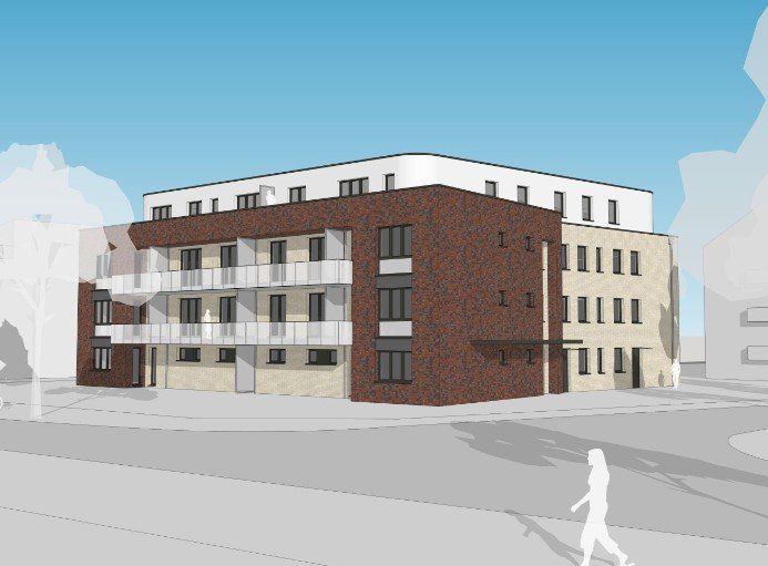 3D-Visualisierung eines modernen, aus Backstein und Weiß erbauten Mehrfamilienhauses an einer Straßenecke in der Stadt