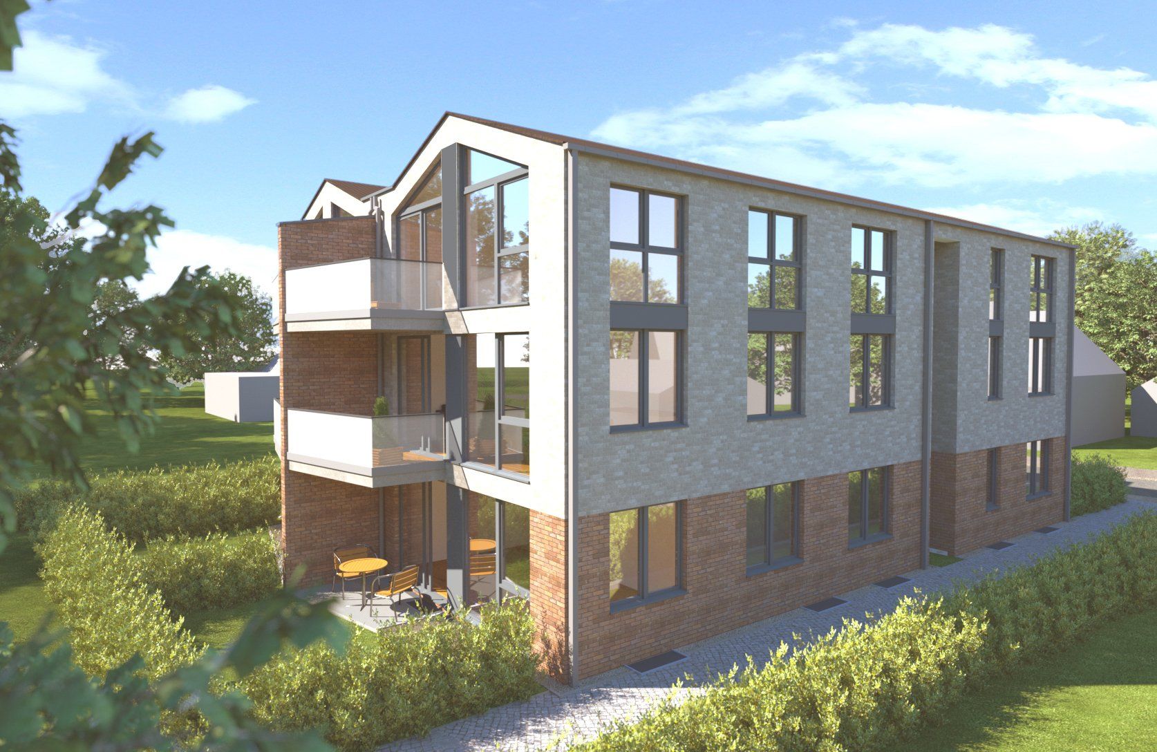 Modernes Mehrfamilienhaus mit Balkonen, großen Fenstern und einer Fassade aus Ziegeln und Weiß in einer grünen Landschaft
