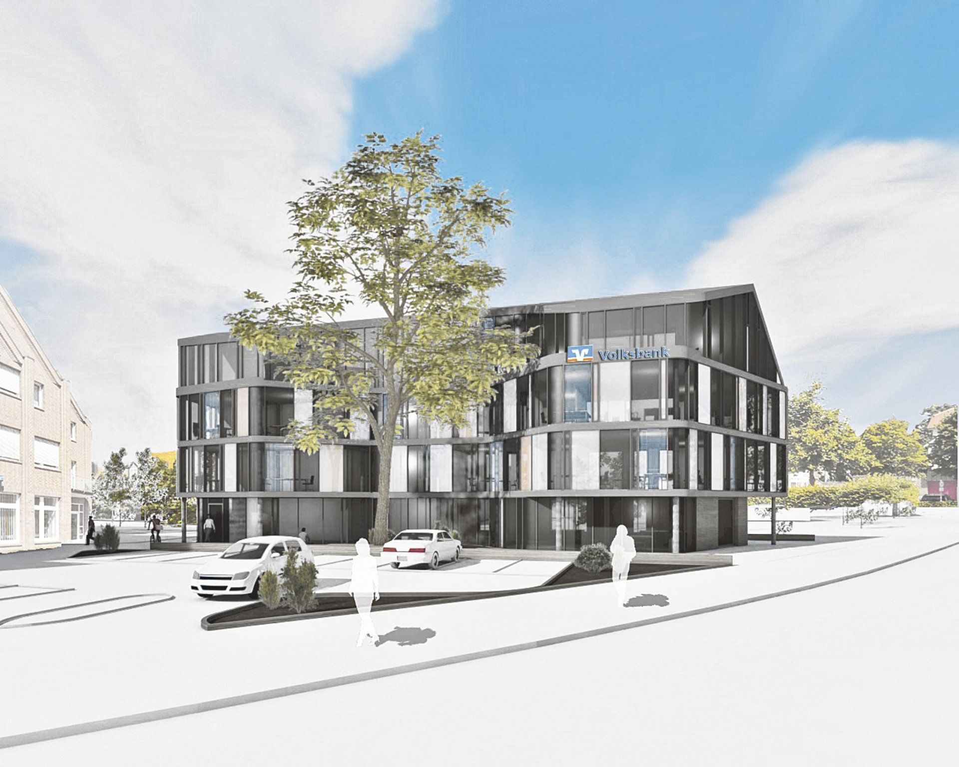 Modernes dreistöckiges schwarz-weißes Wohnhaus mit Bäumen und geparkten Autos an einer sonnigen Straßenecke