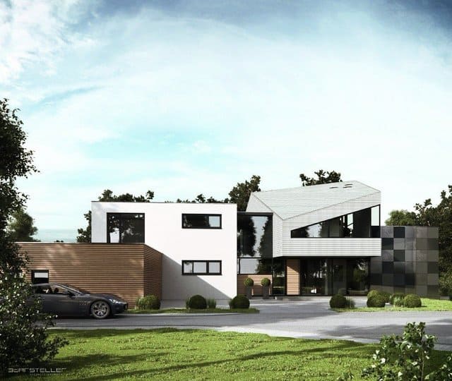 Modernes zweistöckiges weißes Haus mit Holzelementen, Auffahrt und geparktem Auto unter bewölktem Himmel