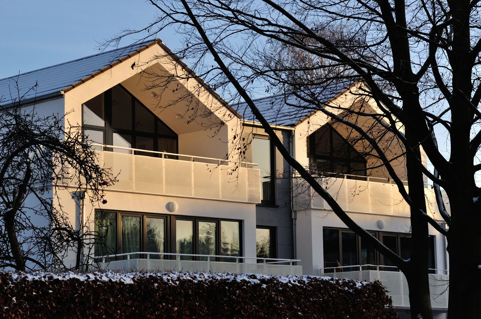 Moderne Stadthäuser mit Spitzdächern und großen Fenstern, die in der Abenddämmerung hinter Bäumen zu sehen sind