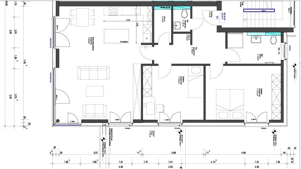 Architektonischer Grundriss einer Zweizimmerwohnung mit Wohnbereich, Küche, Badezimmer und Maßen.