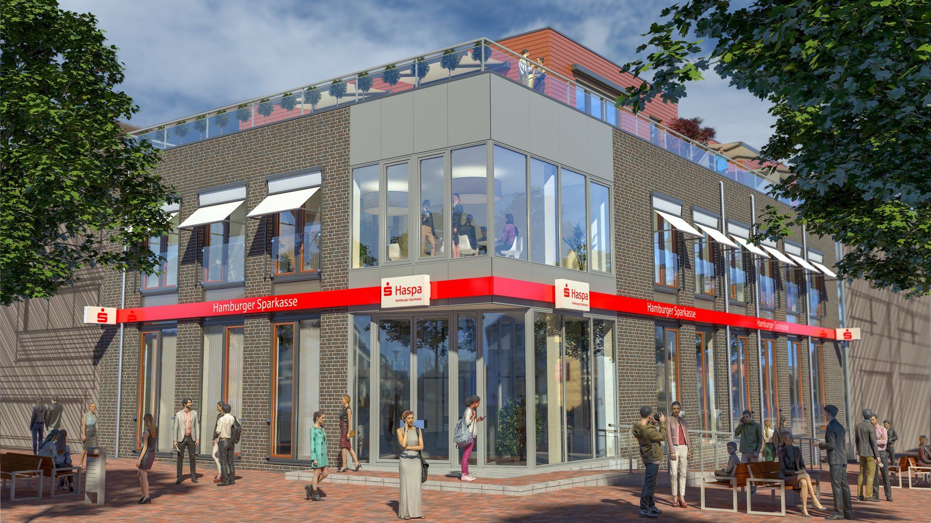 Eckcafé an einer Straßenecke mit großen Glasfenstern, roter Markise und Sitzgelegenheiten im Freien.