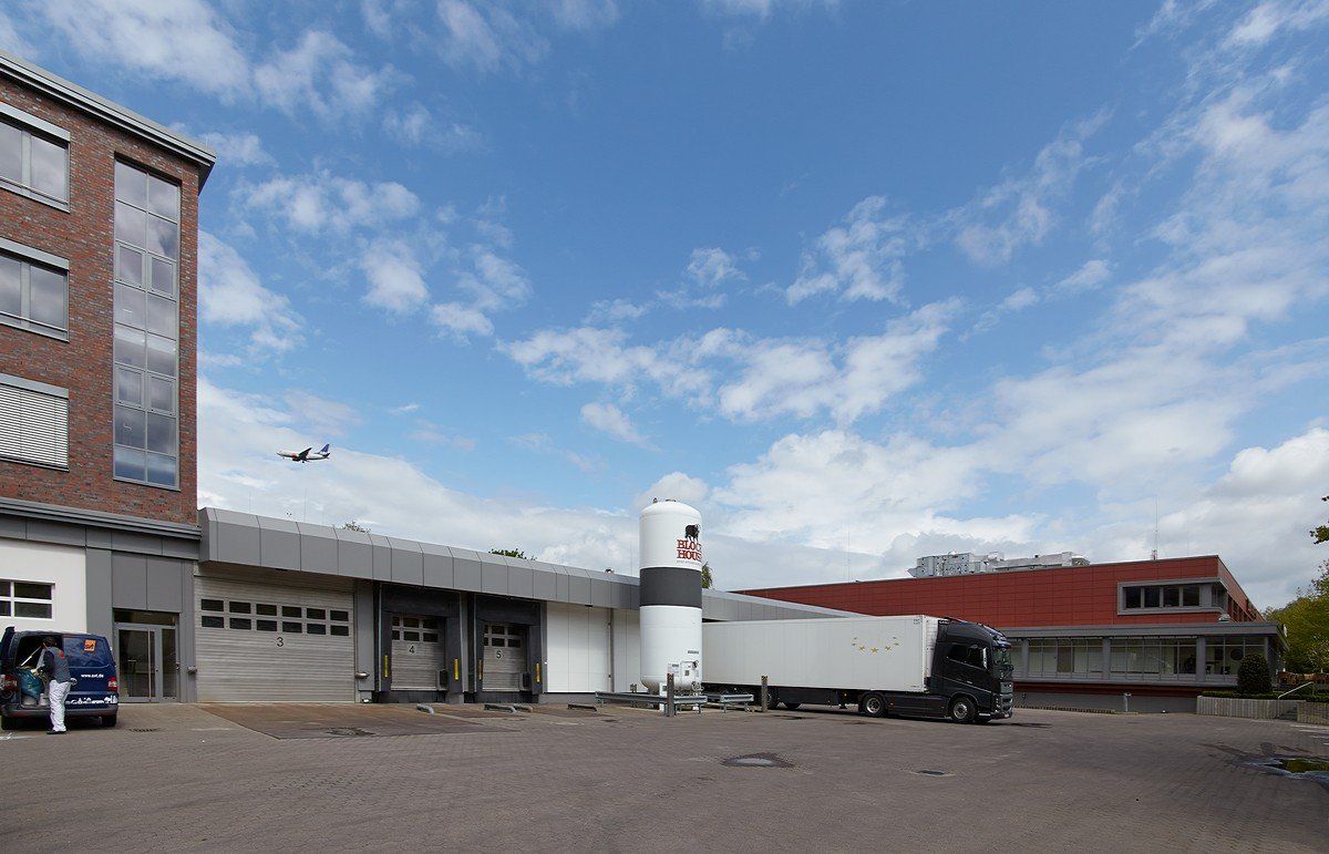 Industriegelände mit geparkten Lastwagen, Laderampen und blauem Himmel