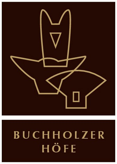 Braunes Logo mit goldener Linienzeichnung und dem Text „BUCHHOLZER HÖFE“ darunter