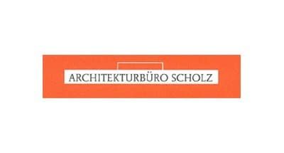 Orange banner with “ARCHITEKTURBÜRO SCHOLZ” in a white centered box