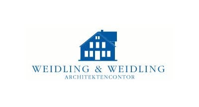 Weidling & Weidling Architektencenter-Logo mit blauem Haus-Symbol und grauem Text auf weißem Hintergrund