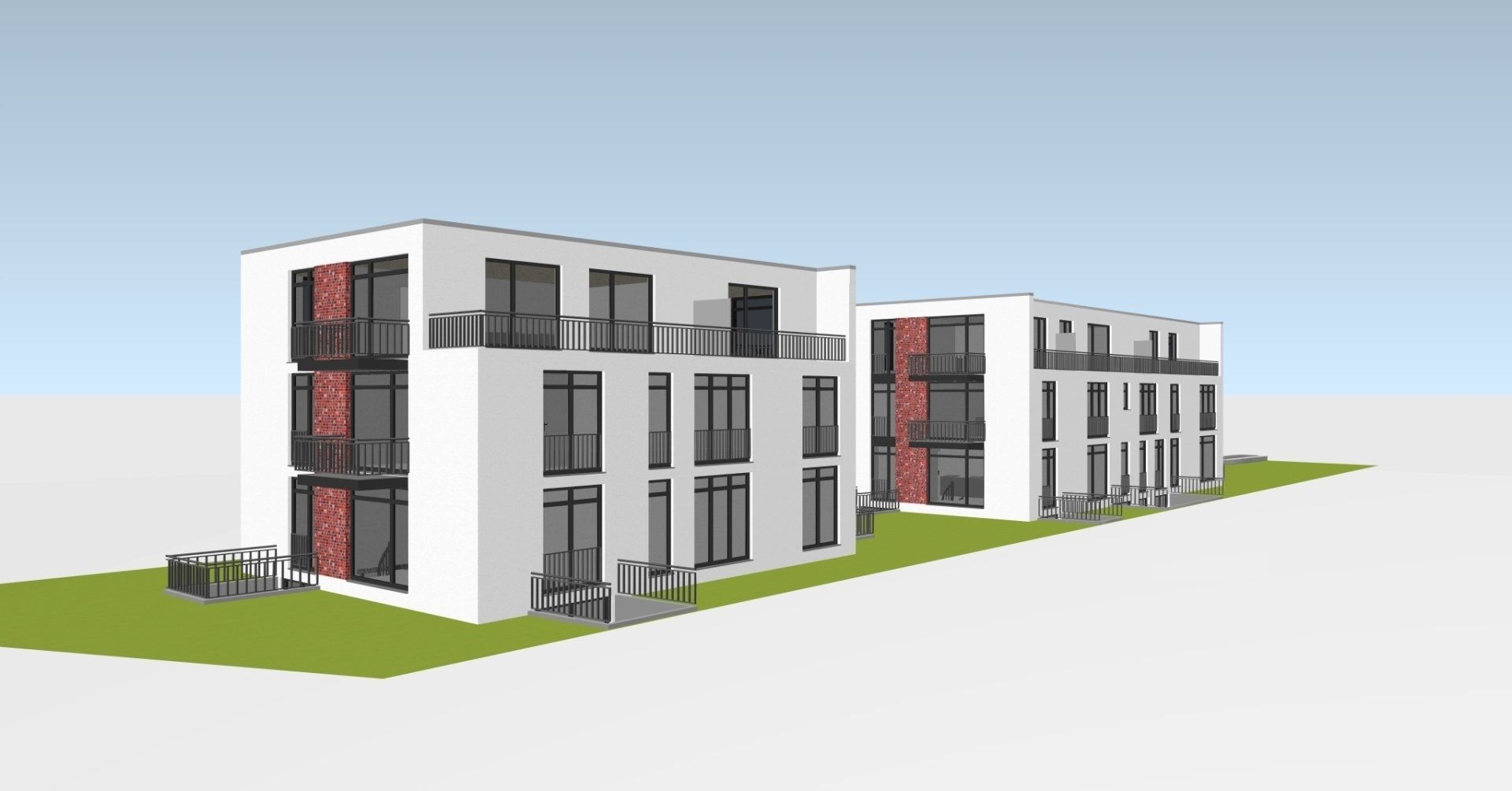 3D-Rendering moderner Apartmentgebäude mit grauen Fassaden und roten Akzenten auf einem grasbewachsenen Gelände