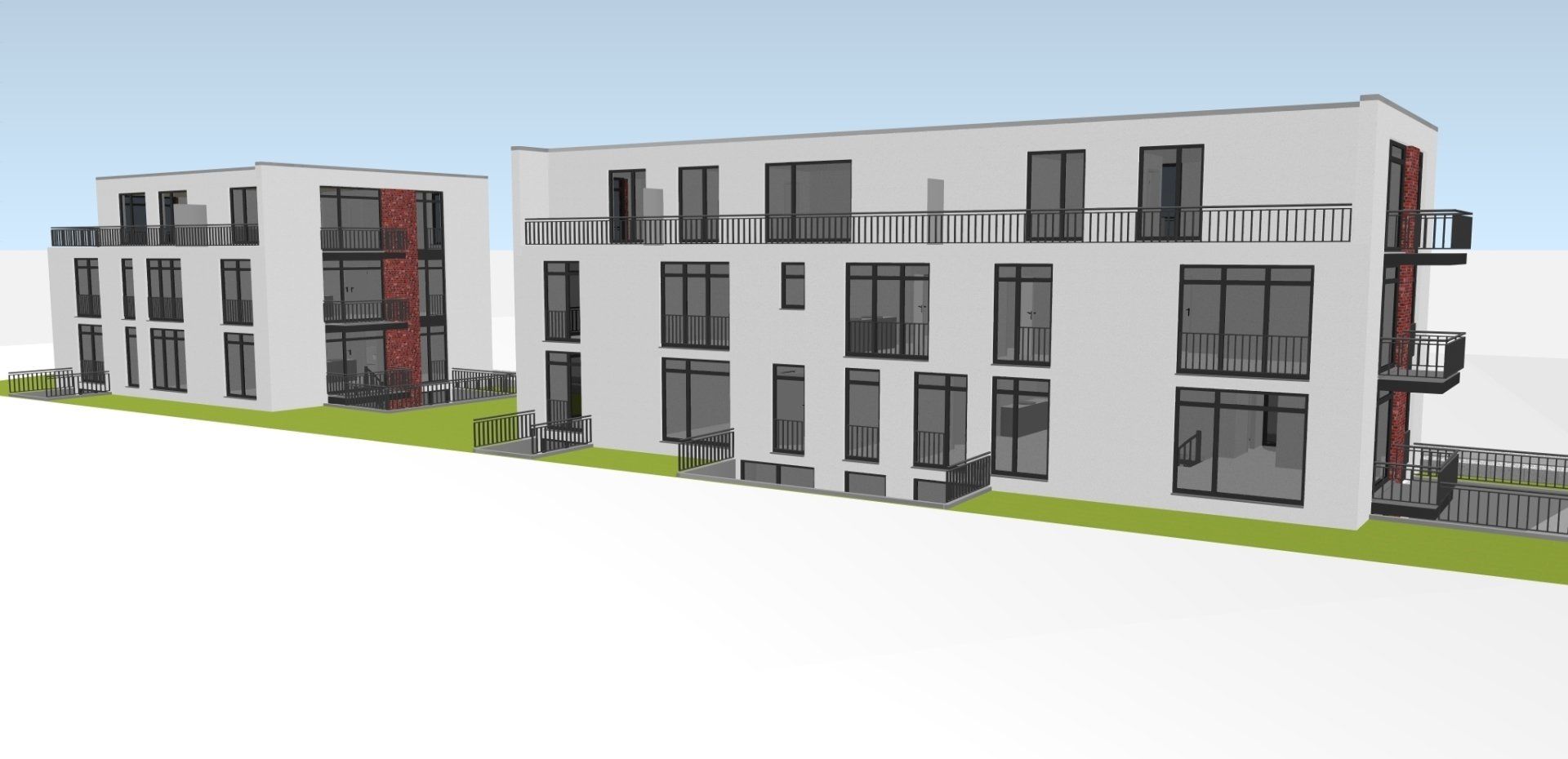 Moderne weiße Apartmentgebäude mit großen Fenstern, dargestellt in einer 3D-Architekturvisualisierung.