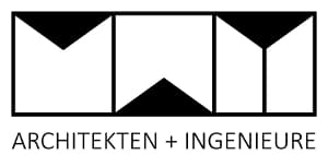 Logo für Architekten und Ingenieure in Schwarz-Weiß mit geometrischem Gebäudesymbol und Text.