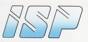 Stilisiertes blau-graues ISP-Logo mit kantigen Buchstaben auf weißem Hintergrund