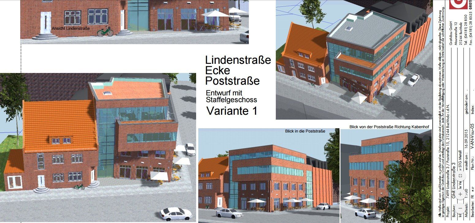 Collage eines Backstein-Wohnhauses mit orangefarbenem Dach und blaugrauer Fassade aus verschiedenen Außenansichten