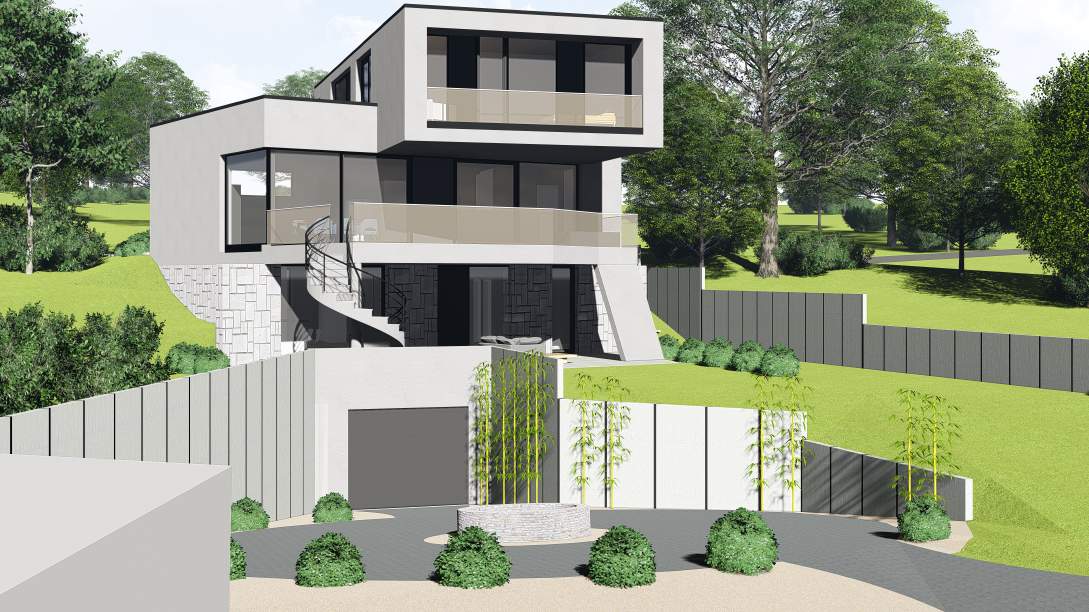 Modernes zweistöckiges Haus mit grauer Fassade, Eingangstreppe und angelegtem Garten hinter einem geschwungenen Zaun