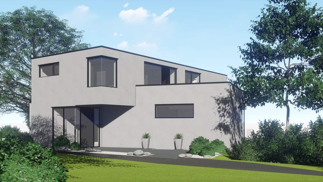 Modernes, weißes zweistöckiges Haus mit dunklen Fenstern, grünem Rasen und Bäumen unter blauem Himmel