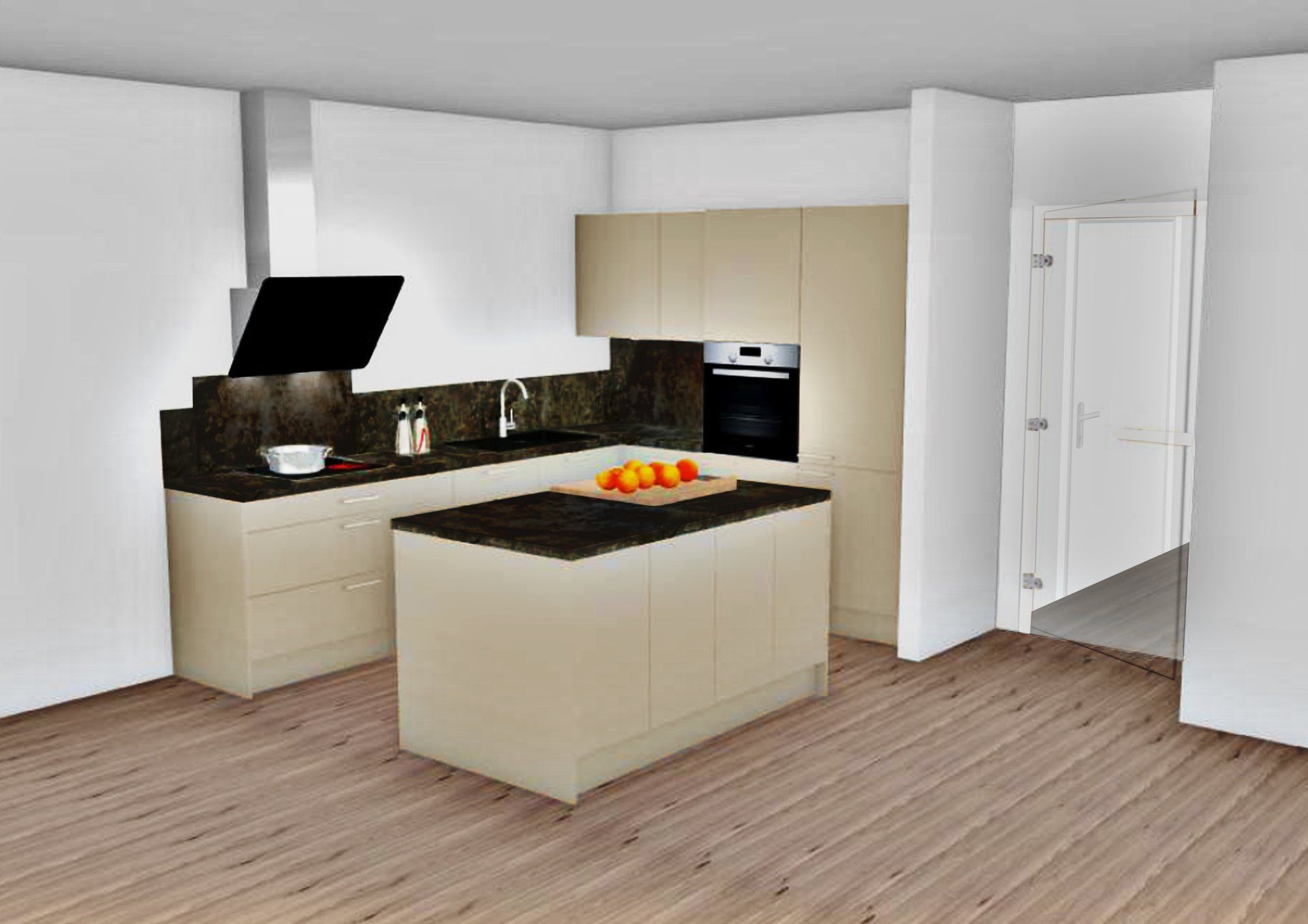 Moderne weiße Küche mit beiger Kochinsel, schwarzen Arbeitsplatten und Holzboden