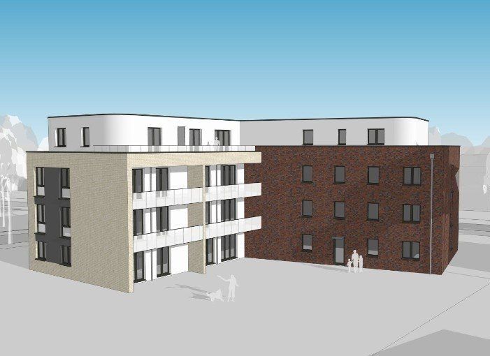 3D-Rendering eines modernen Apartmentgebäudes mit weißen, beigen und Backsteinfassaden auf grauem Grund.