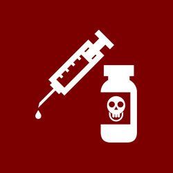 A syringe and a bottle of poison on a red background.