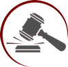 A judge 's gavel is sitting on a block in a red circle.